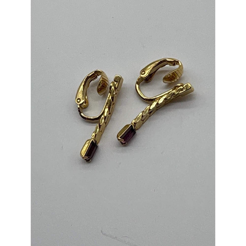 Vintage Avon Gold Braided Chain‎ Amethyst Baguette Rhinestone Clip On Earrings